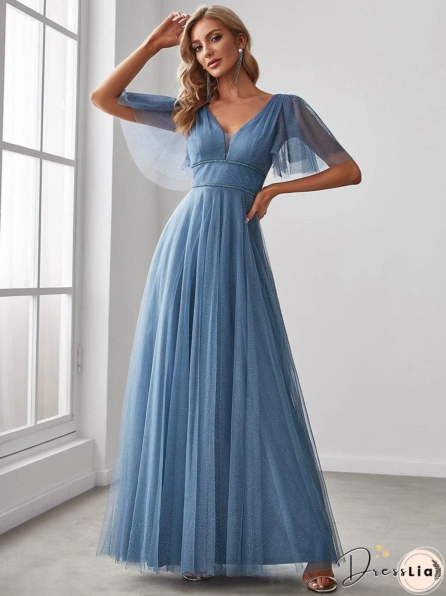 Elegant Golden Stamped Ruffle Sleeve Evening Gown