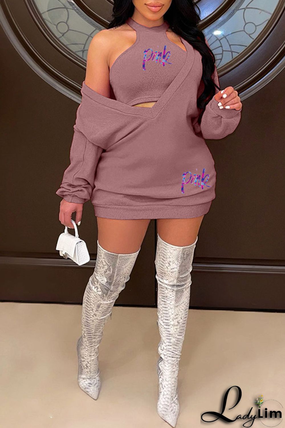 Green Sexy Print Patchwork V Neck Long Sleeve Two Pieces