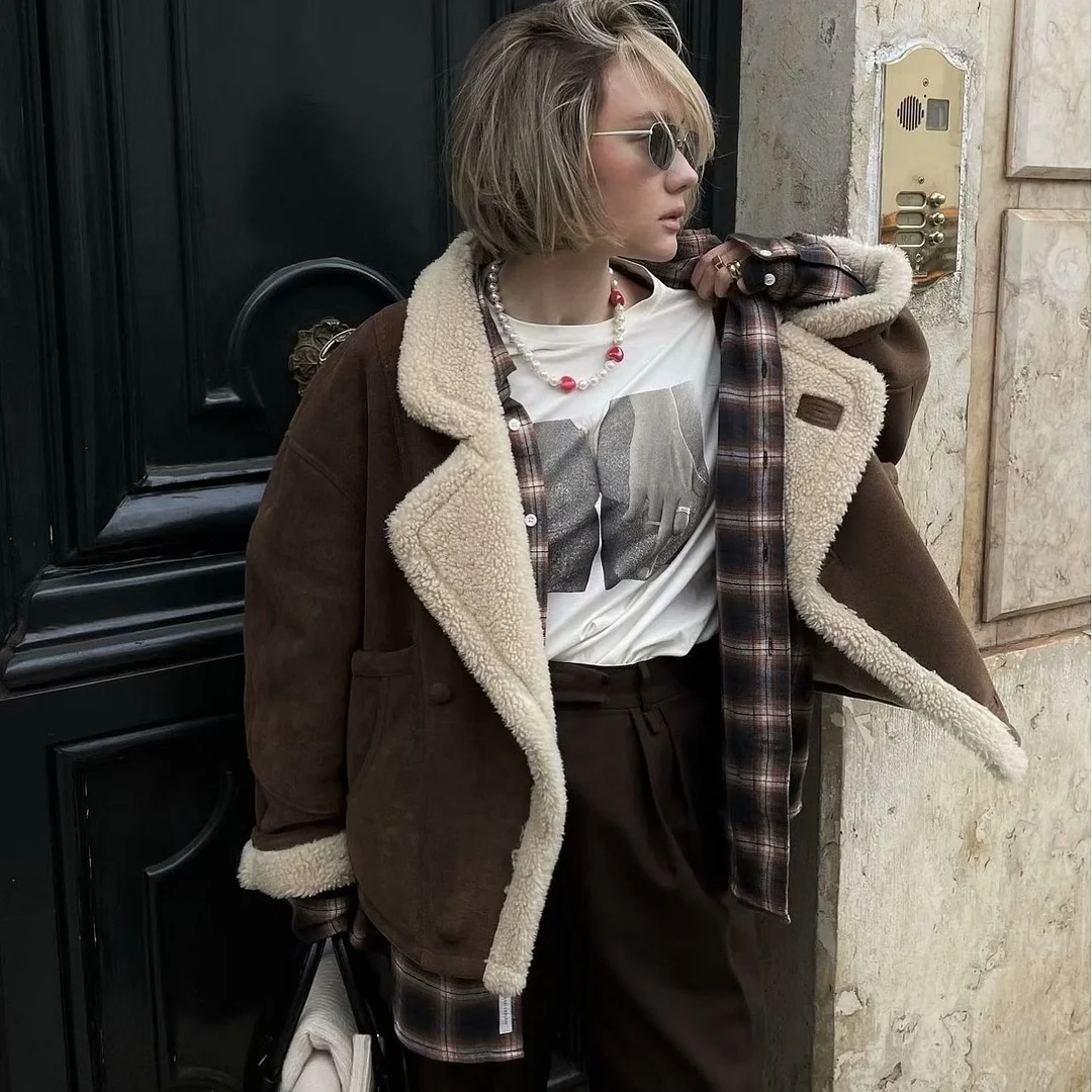 Nigikala Nigikala Autumn And Winter New Women's Fashion Loose Warm Retro Lamb Wool Coat Women