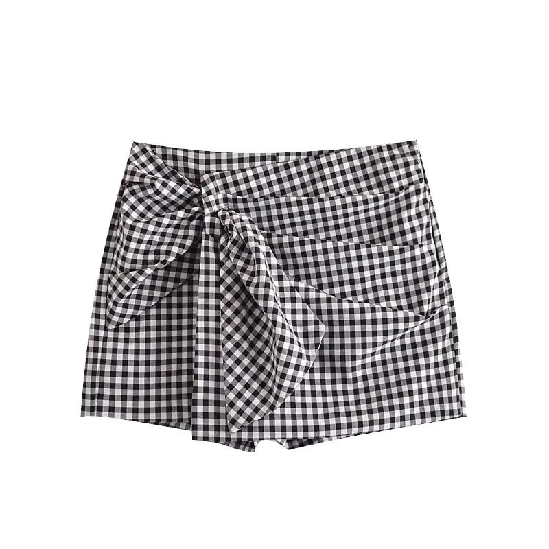 KPYTOMOA Women 2021 Chic Fashion With Knot Pleated Plaid Shorts Skirts Vintage High Waist Side Zipper Female Skort Mujer