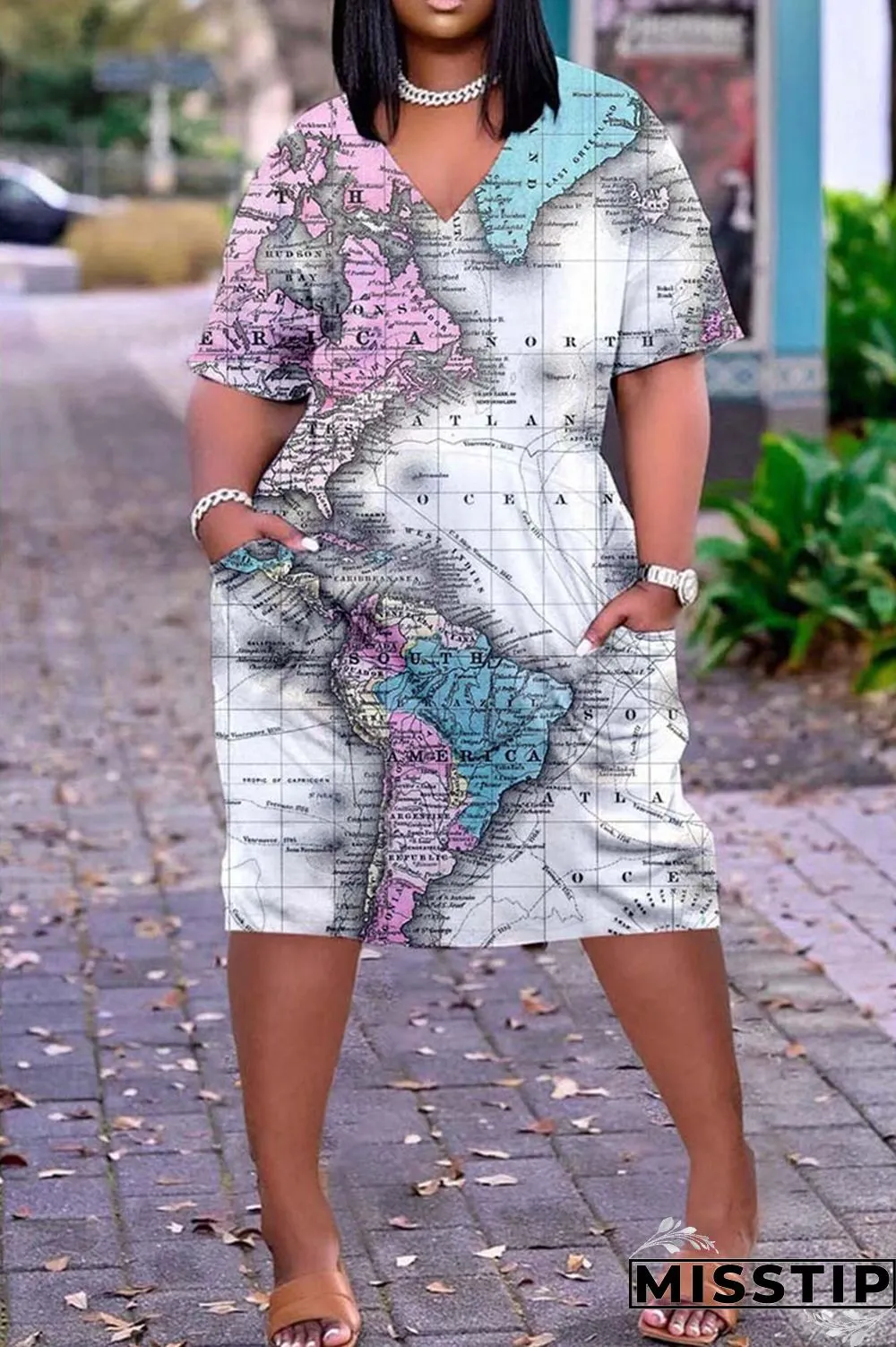 Khaki Casual Print Patchwork V Neck Straight Dresses