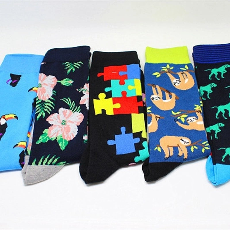 Men’s Cartoon Style Color Block Cotton Crew Socks A Pair