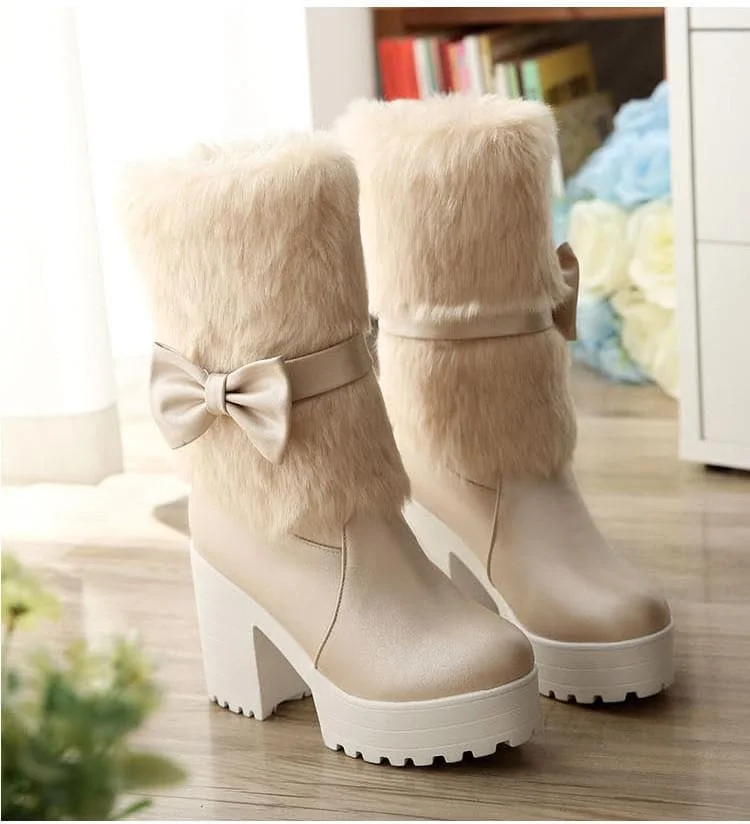 White/Beige/Pink Sweet Fluffy High Heel Boots SP1711037