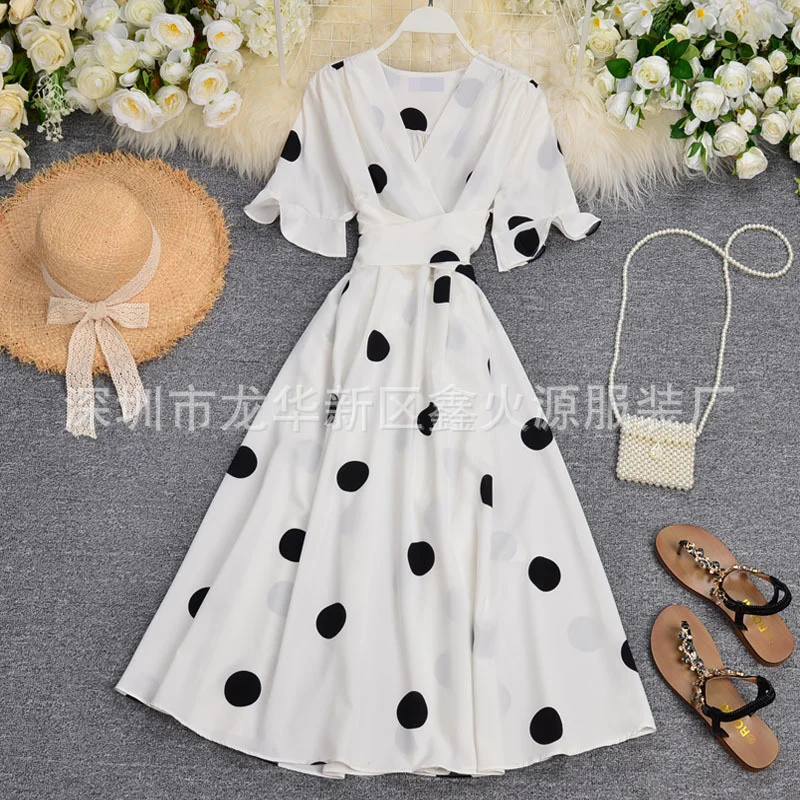 Zingj Zingj Big Wave Point Foreign Air Horn Short Sleeve Temperament V Neck Tie Closed Waist Show Thin Long Dress Female Summer Dress