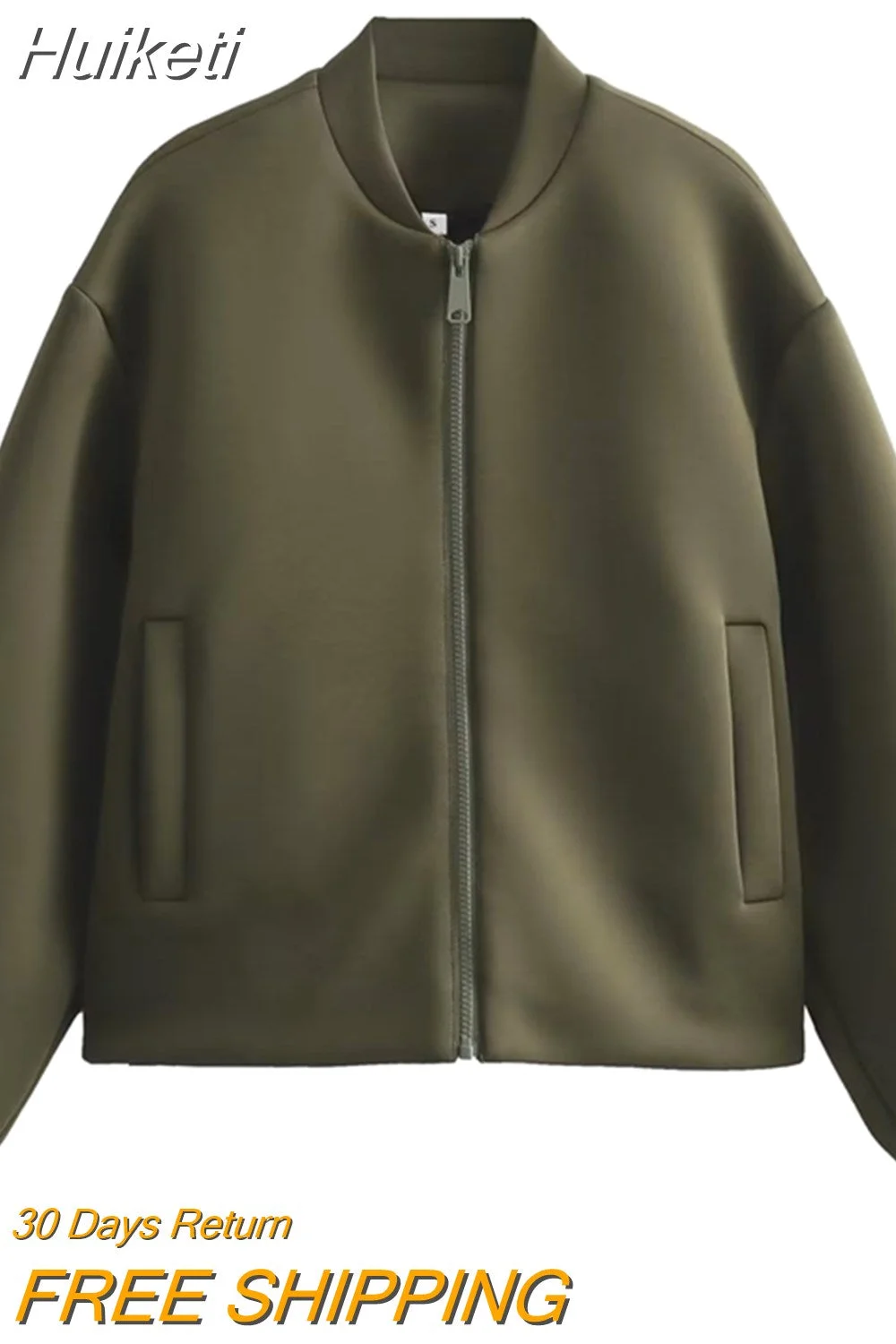 Huiketi Grey Wool Blends Short Coat Women Solid Long Sleeve Oversize Zipper Bomber Jacket 2023 Autumn Casual Warm Cropped Outwear