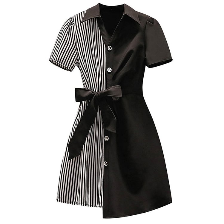 Irregular Stripe Lapel Belted Dress - Modakawa Modakawa