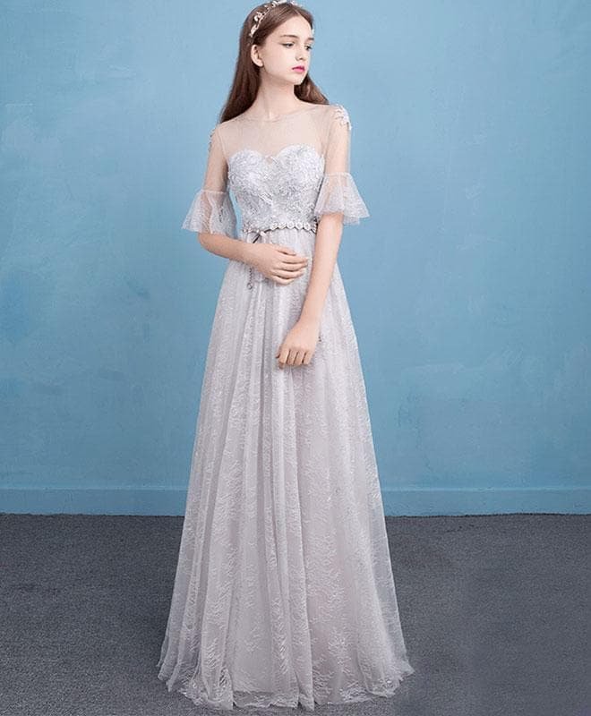 Cute Gray Lace Long Prom Dress, Lace Evening Dress