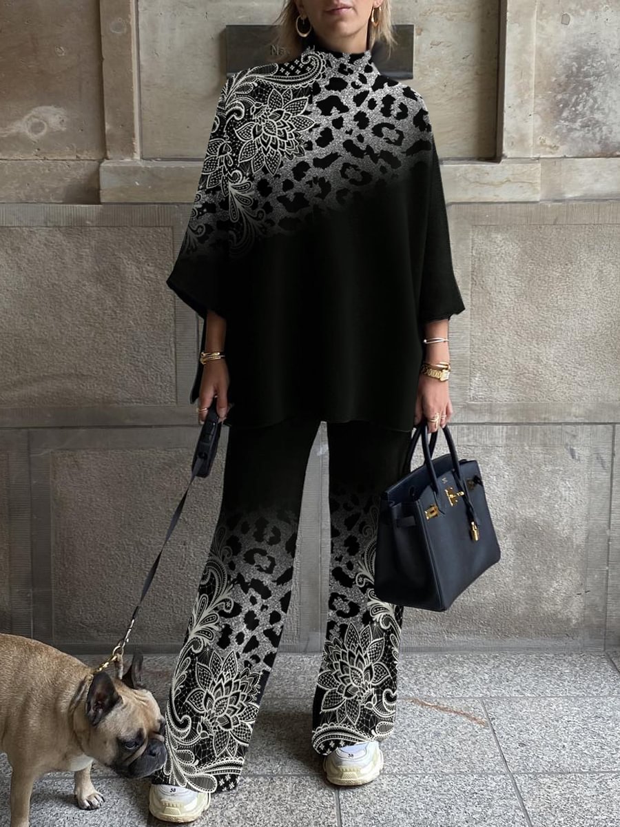 Women's Fashion Silver Leopard Print Floral Print Drop Shoulder Three-quarter Sleeve Suit