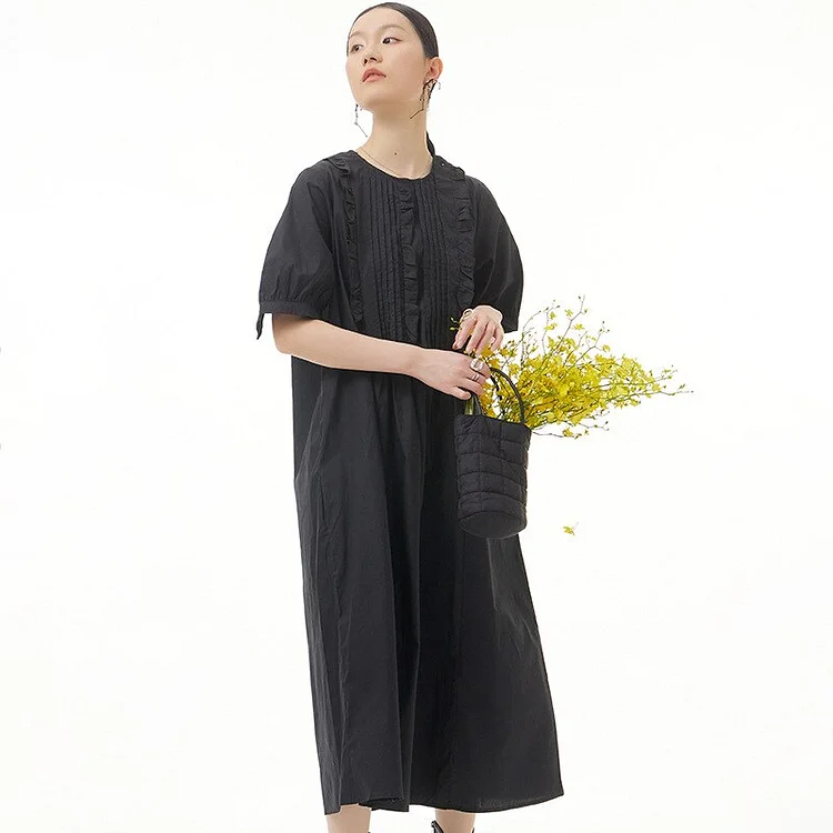 Elegant Loose Solid Color O-neck Pleated Fungus Edge Short Sleeve Dress      