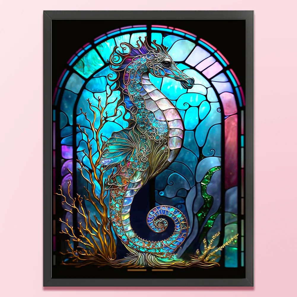14CT Full Stamped Cross Stitch - Stained Glass Hippocampus(Canvas|50*65CM)