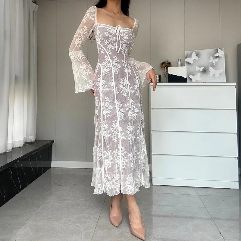 Churchf Churchf Women's Wear 2023 New Ballet Style Sexy Pure Desire Lace-Up Strapless Lace Print Long-Sleeved Dress