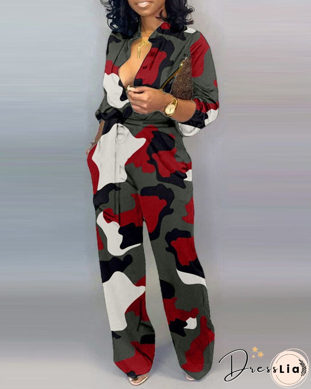 V Neck Camouflage Print Buttoned Jumpsuit
