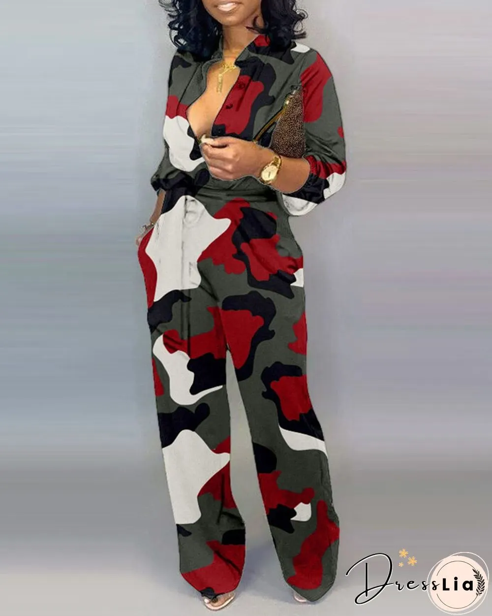 V Neck Camouflage Print Buttoned Jumpsuit
