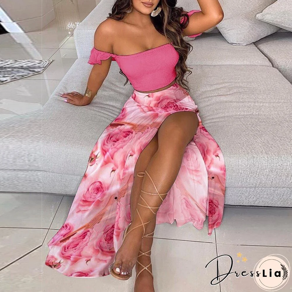 Summer Women's Two-Piece Oversized Fashion Strapless Boho Printed Long Skirt