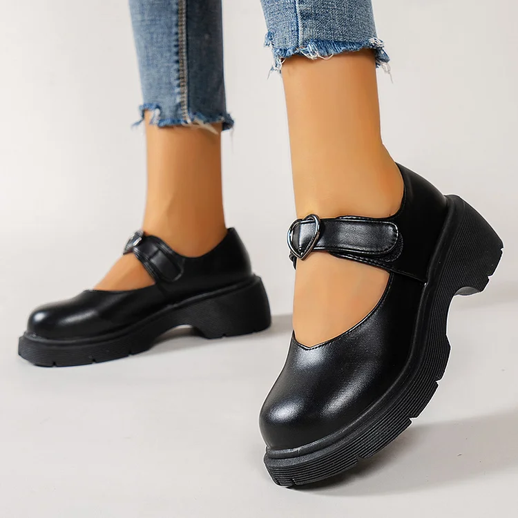 Black Mary Jane Shoes Round Toe Heels Heart Buckle Design Pumps |FSJ Shoes