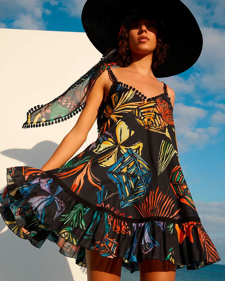 Strap print mini dress