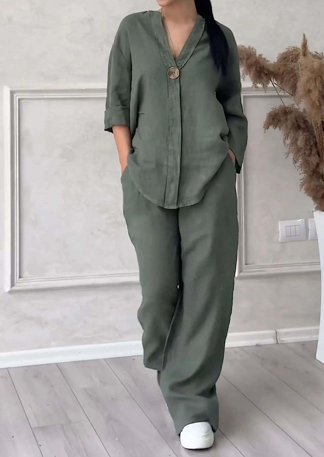 Pinsballz New Women's V-neck Button Up 9-quarter Sleeve Loose Top Plus Size Cotton And Linen Shirt Solid Color Set High Waist Loose Pants