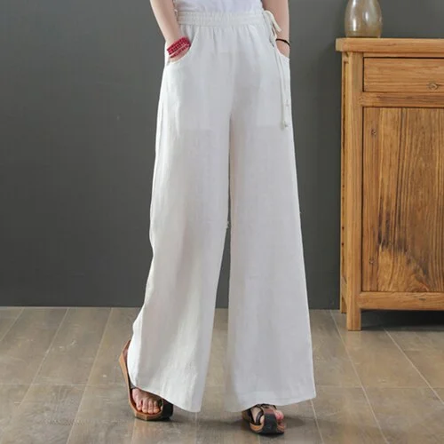 Casual Pants Women Linen Casual Ins S-3XL Female Elegant Popular Spring Baggy Ulzzang Drawstring Wide Leg Trouser 21 Colors Chic