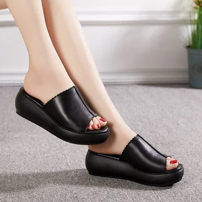 GKTINOO Women Slipper's 2021 Ladies Summer Slippers Shoes Women Wedges Heels Fashion Summer Genuine Leather Shoes Platform