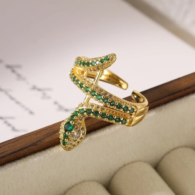 Minimalist Snake Copper Plating Inlay Zircon 18k Gold Plated Open Rings