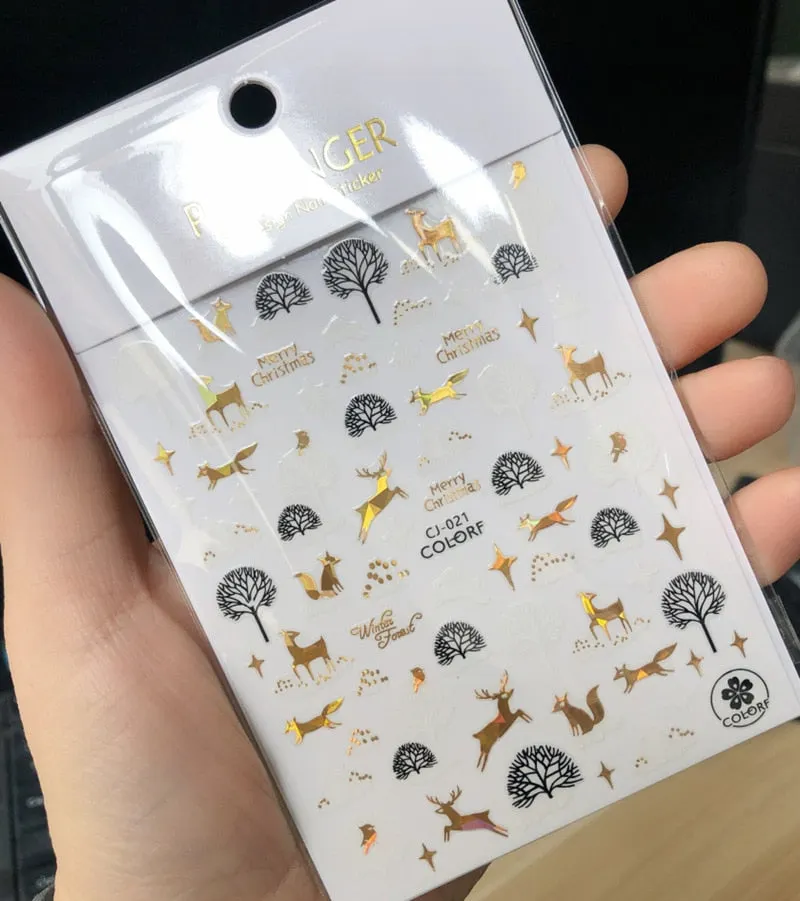1PC 3D Nail Stickers Christmas Self-Adhesive Slider Sparkly Gold Red Snowflake Nail Art Decorations Decals Manicure Accessories-Nail Inspo