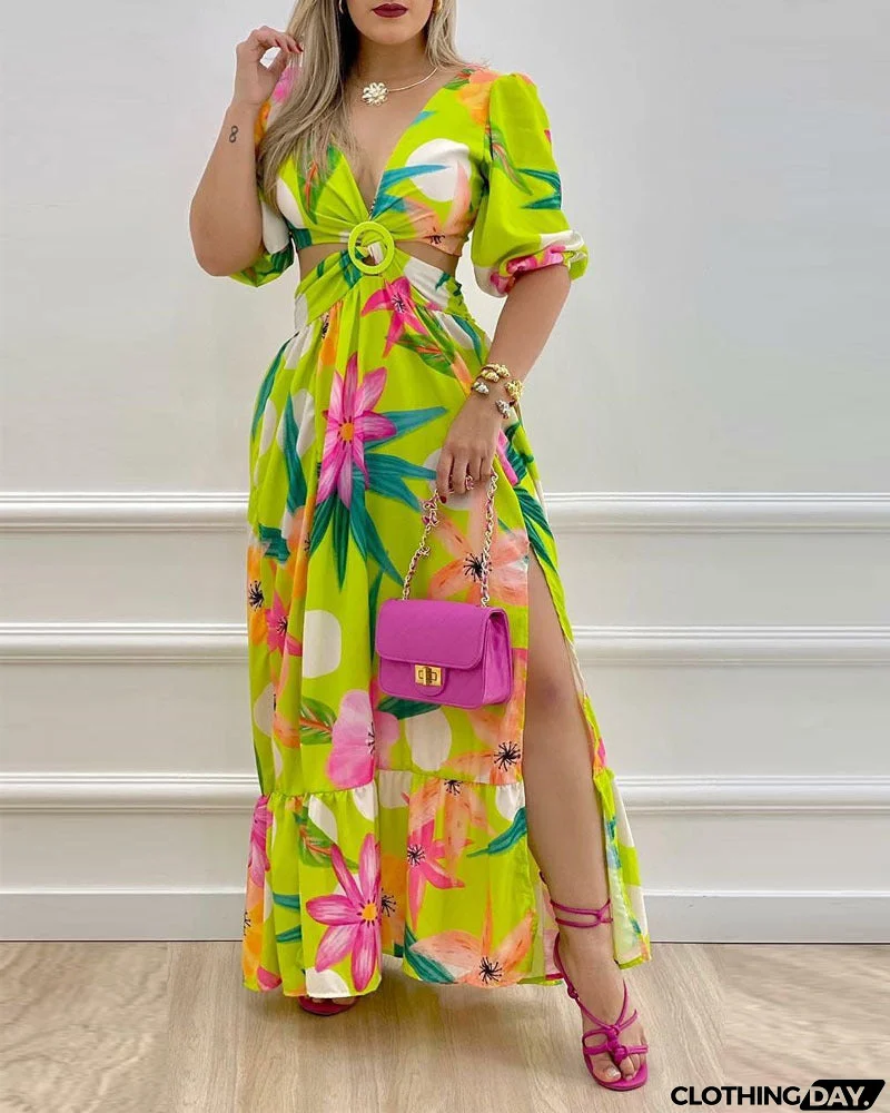 Temperament Printed Long Sleeve V-Neck Backless Dress