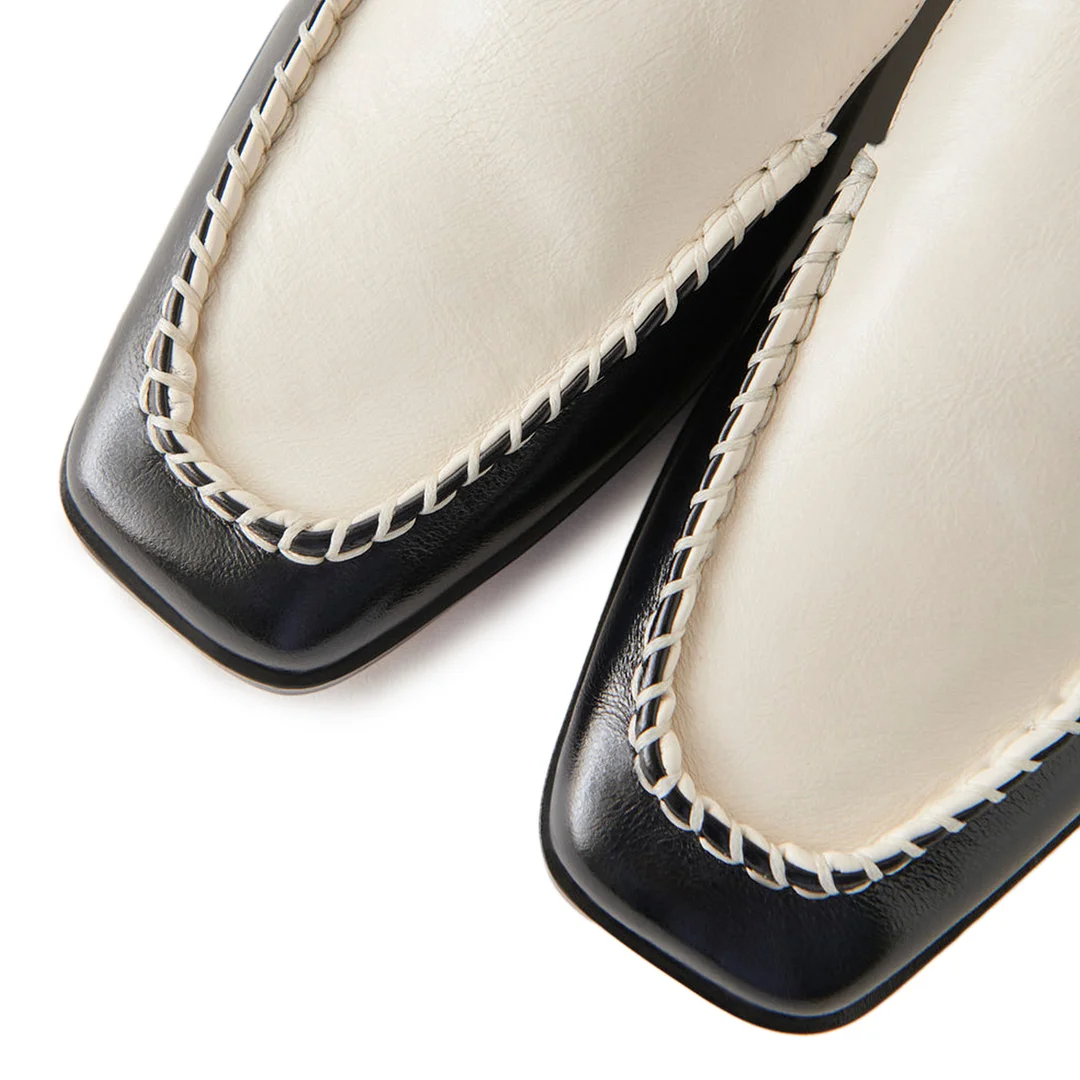 Black & White Vegan Leather Square Toe Stitched Women's Flat Loafers