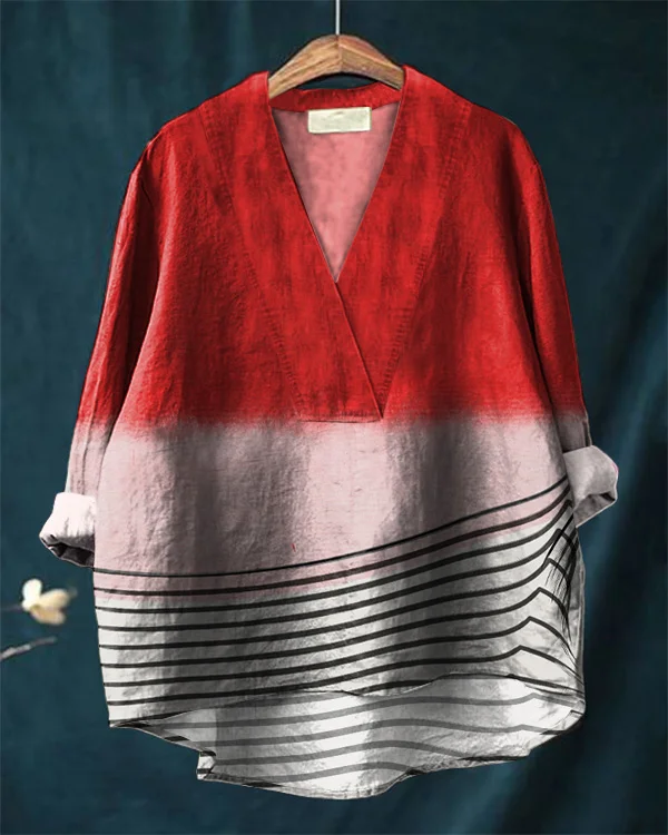 Vintage Abstract Art Print Loose V-Neck Cotton and Linen Shirt