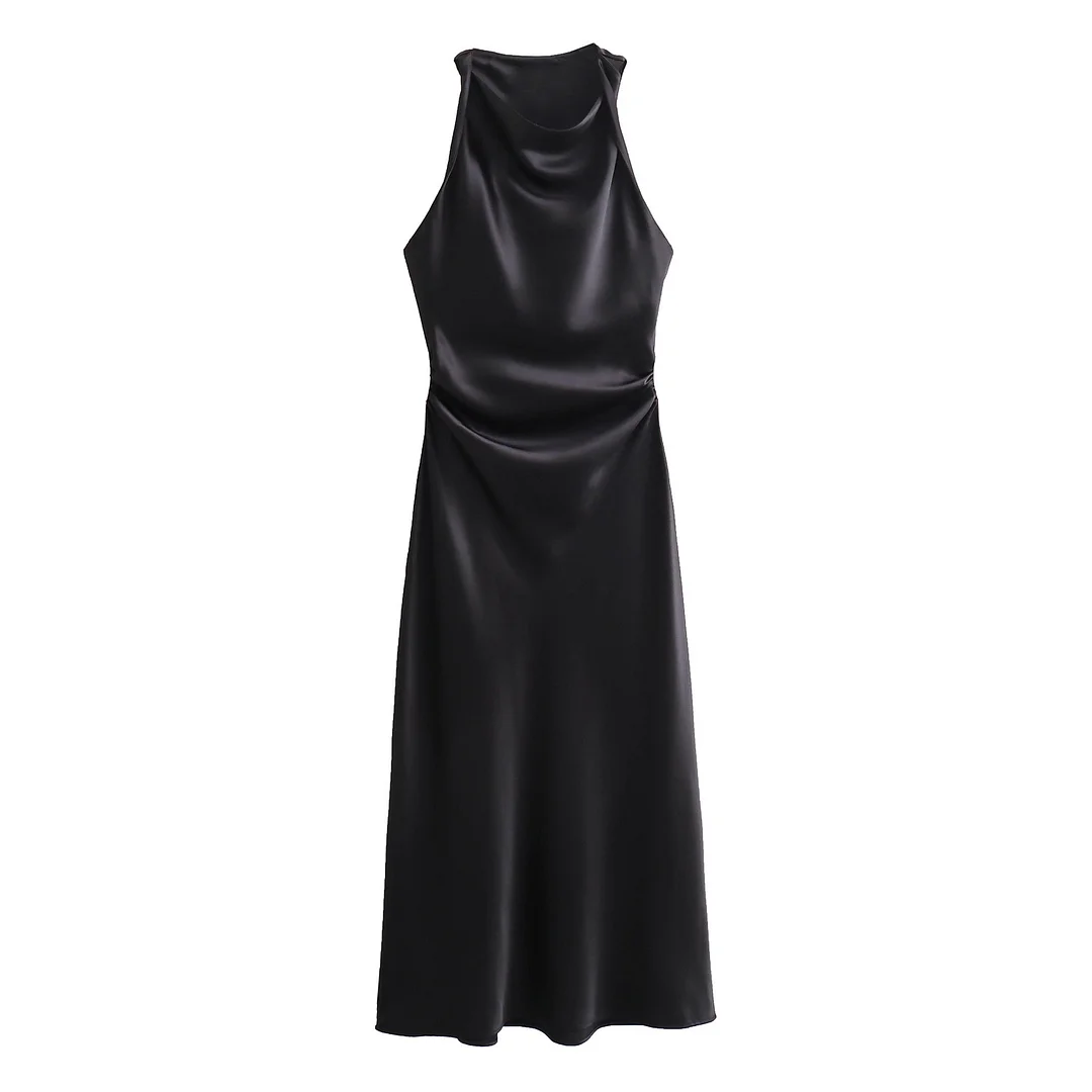 Woherb Woherb 2024 New Fashion Round Collar Sleeveless Black Silk Satin Texture Dress Women 8372090-Outfit Ideas