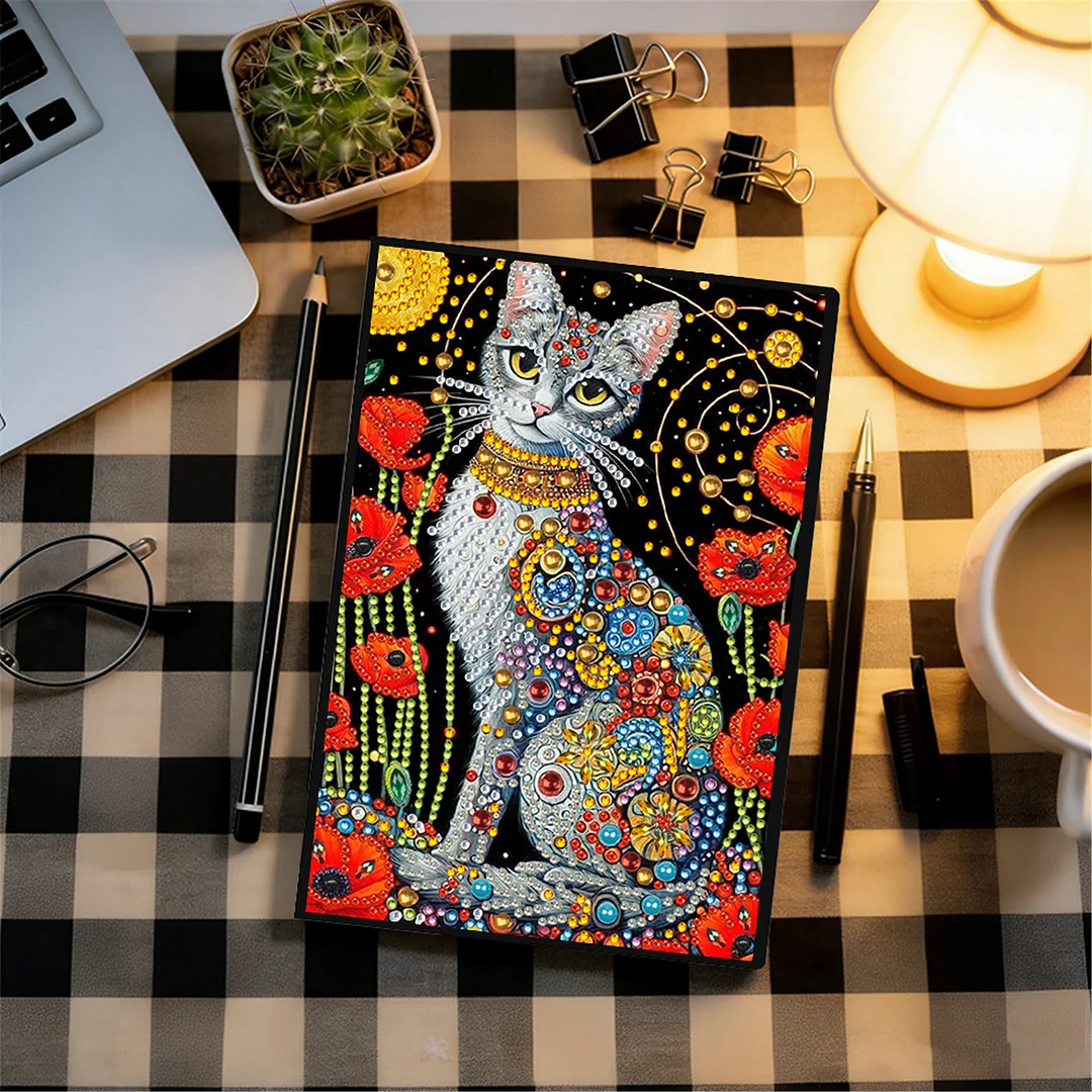 DIY Flower Diamond Painting Journals Notebooks 50 Pages A5 No Lines Special Shaped Diamond Art Kits for Beginners Craft Lovers and Artists (Cat and Flower)