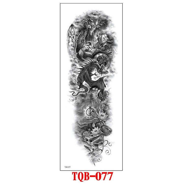 FULL SLEEVE ARM TEMPORARY TATTOO, ORIENTAL DRAGON, LOTUS FLOWERS, MENS, WOMENS