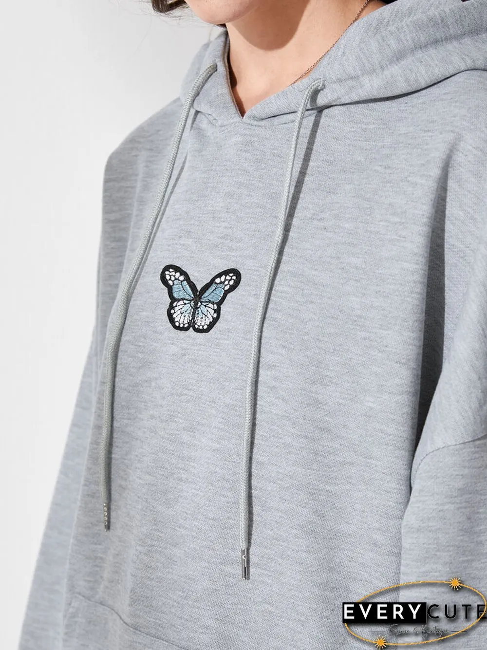 Butterfly Kangaroo Pocket Drop Shoulder Loose Hoodie