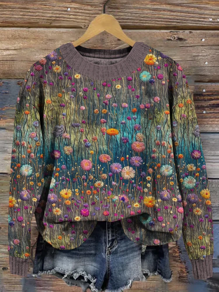 VChics Colorful Wildflower Embroidery Art Cozy Knit Sweater