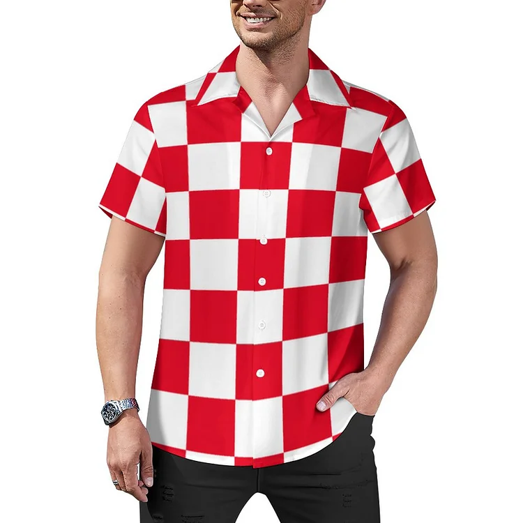 Red White Croatian Geometric Checkered Cuban Guayabera Beach Shirt Men Summer Tropical Casual Aloha Hawaiian Tops - Heather Prints Shirts