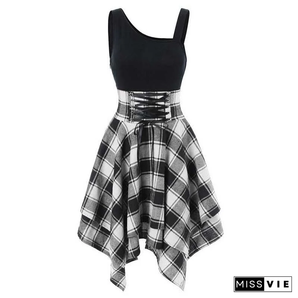 Contrast Plaid Elastic Waist Irregular Dress