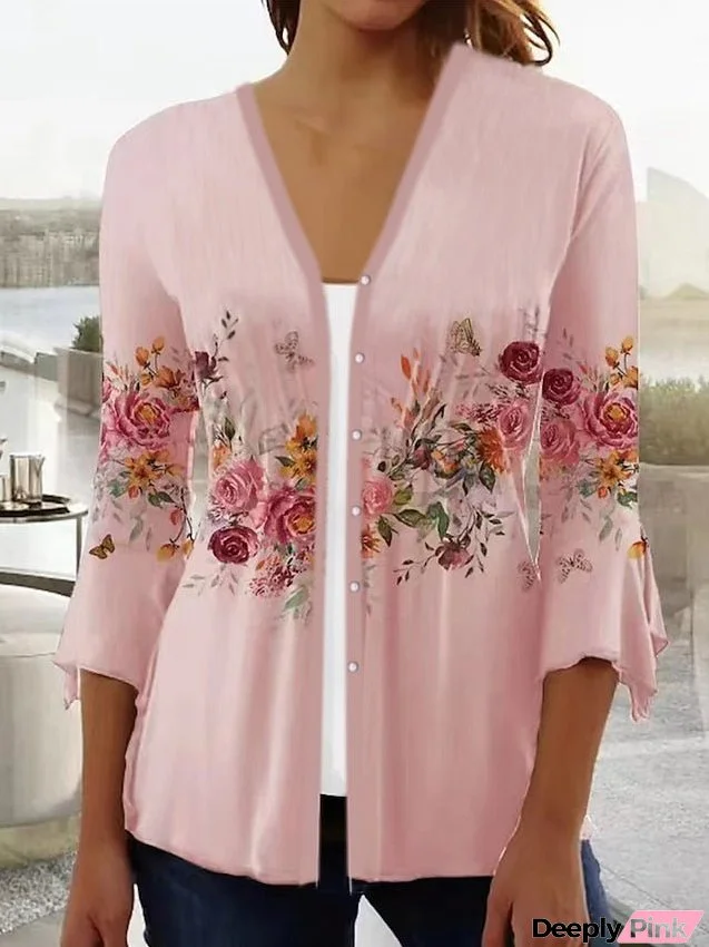 Women's Jacket Casual Jacket Causal Deep V Print Floral Comfortable Fashion Regular Fit Outerwear 3/4 Length Sleeve