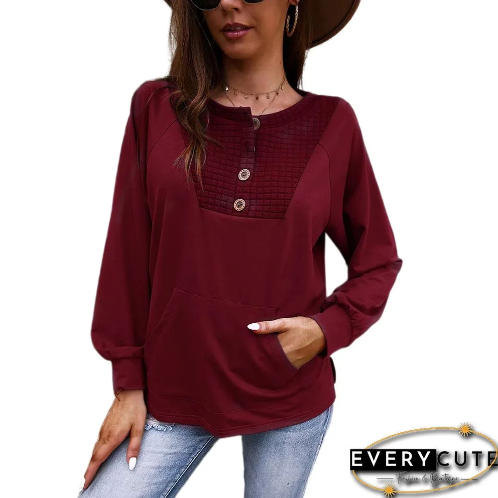 Wine Red Button-up Kangaroo Pocket Sweatshirt