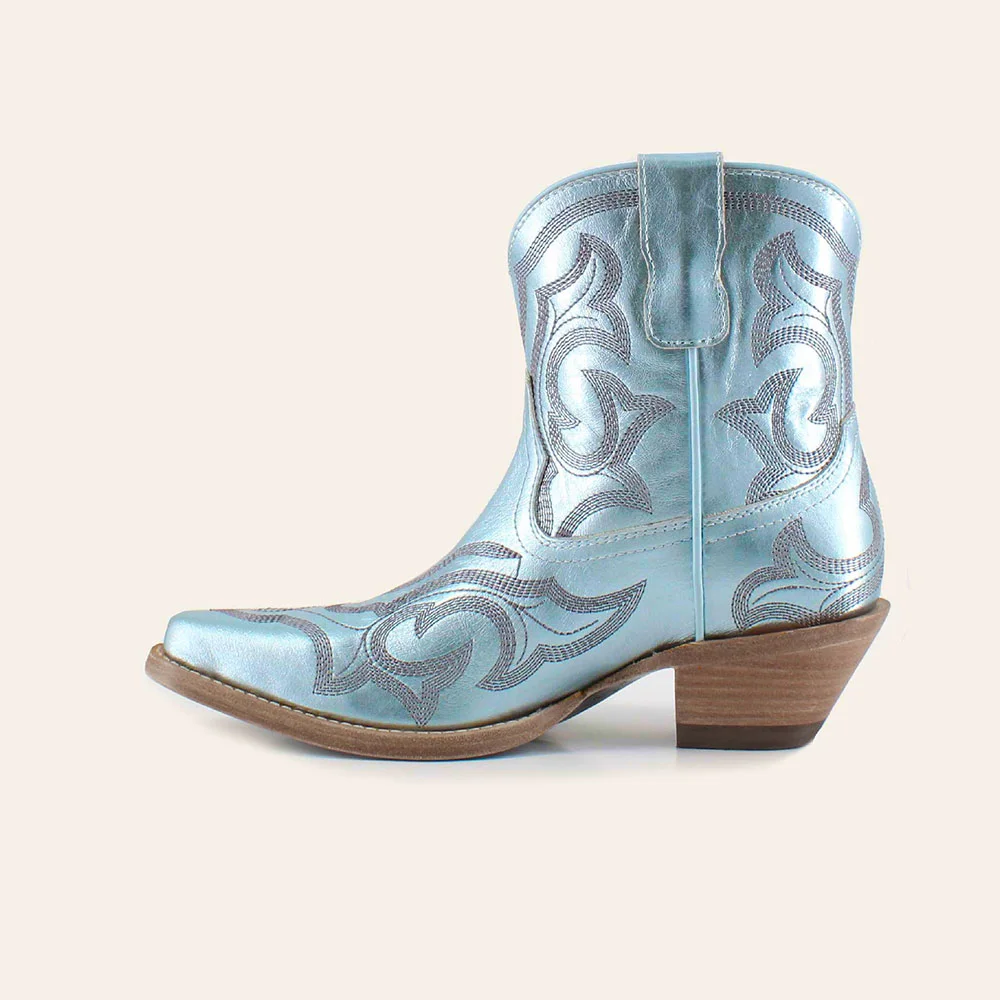 Light Blue Snip Toe Embroidered Chunky Heel Short Cowgirl Boots