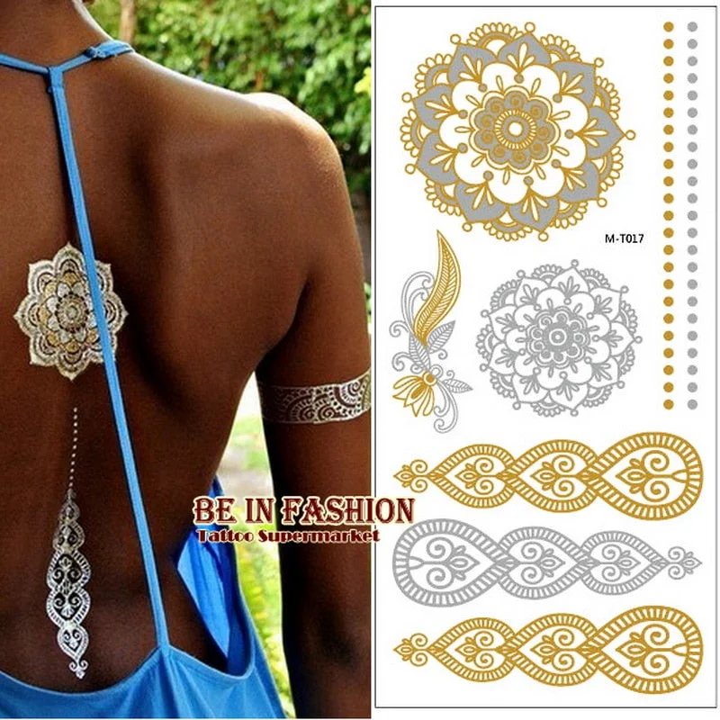 1sheet Indian Arabic body art women metallic temporary Mandala Flash Tattoos necklace sticker gold lace tatoo tatuagem maquiagem