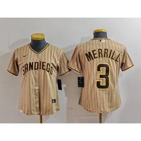 Women's San Diego Padres #3 Jackson Merrill Tan Stitched Baseball Jersey(Run Small)