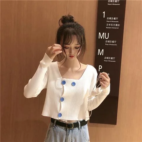 Cardigan Women Square Collar Clavicle Solid Trendy Knitted Korean Style Short Casual Student Sweet Chic Sweater All-match Autumn