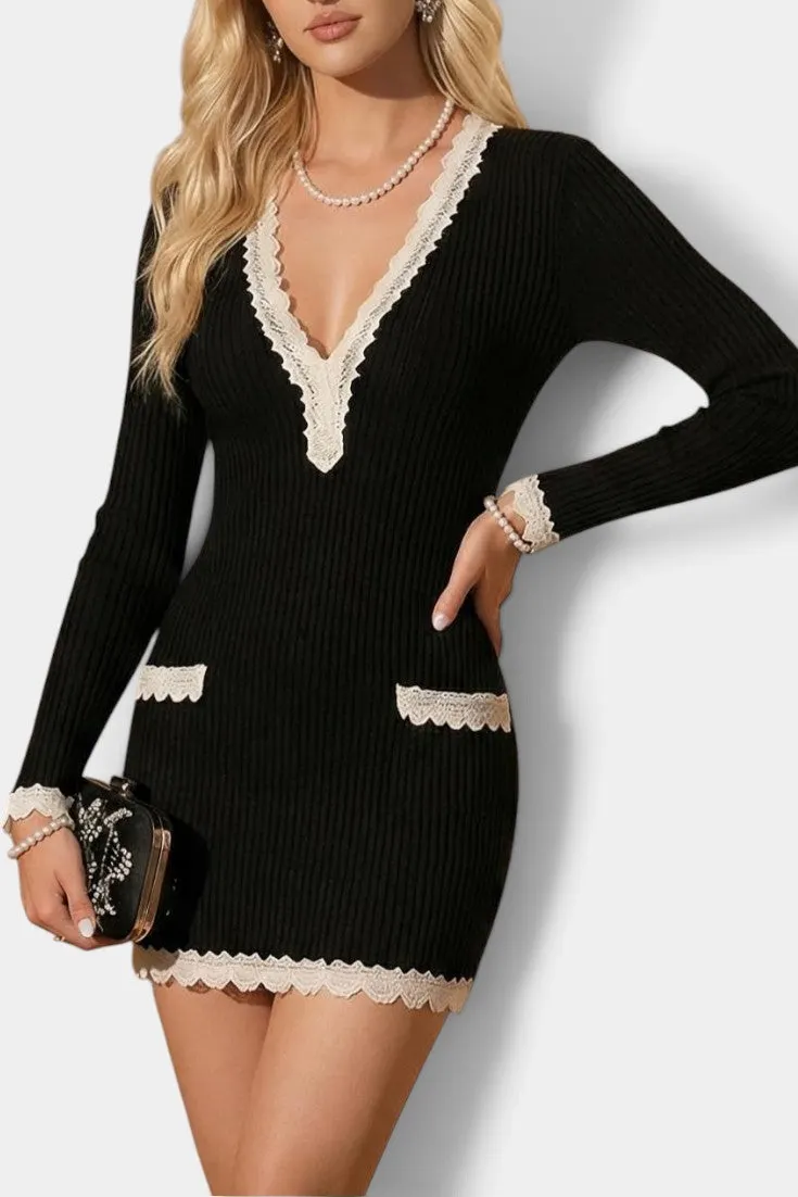 Lace Trimmed Ribbed Knit Mini Dress with Deep V-Neck