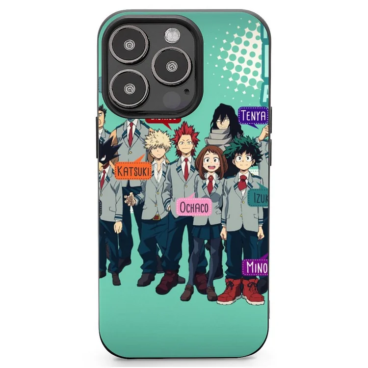 Denki Kaminari Eijiro Kirishima Fumikage Tokoyami Izuku Midoriya Katsuki Bakugou Minoru Mineta Momo Yaoyorozu Ochaco Uraraka Shoto Todoroki Shouta Aizawa Tsuyu Asui Anime My Hero Academia Tablet Case Mobile Phone Shell IPhone 13 and iPhone14 Pro Max - Heather Prints Shirts