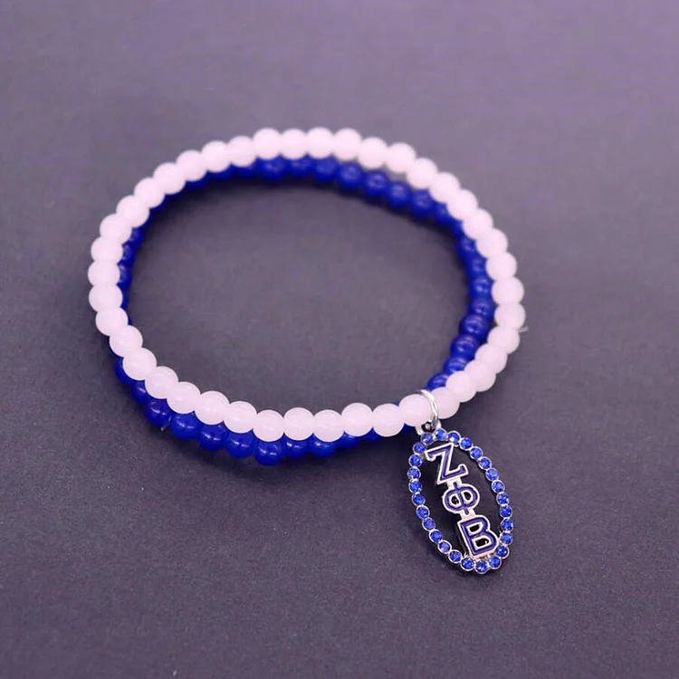 Two layers White Blue Beads Elastic Adjustable Greek Letters Sorority Life Society Zeta Phi Beta Charm Bracelets