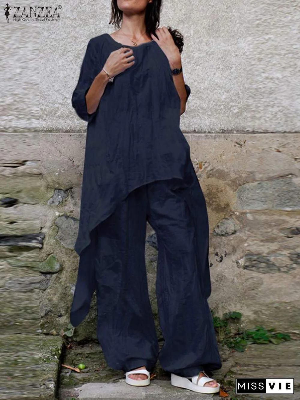 Two Piece Sets Women Tracksuit Zanzea Fashion Summer Matching Sets 2Pcs Casual 3/4 Sleeve Irregular Blouse Suits Urban Outifits7