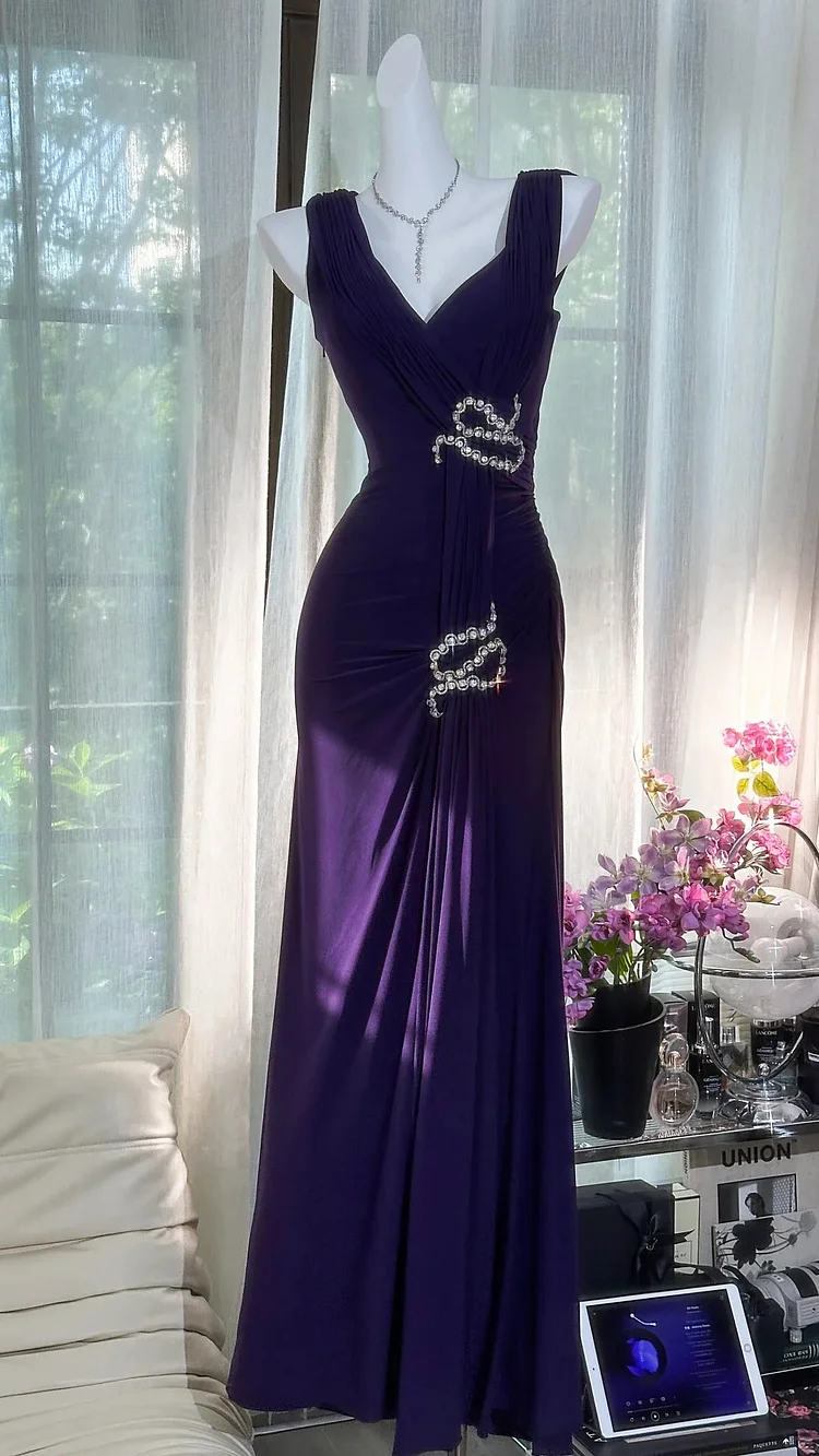 Purple Rhinestone Long Chiffon Ball Gown Evening Dress Party Dress Date Dress Prom Dress