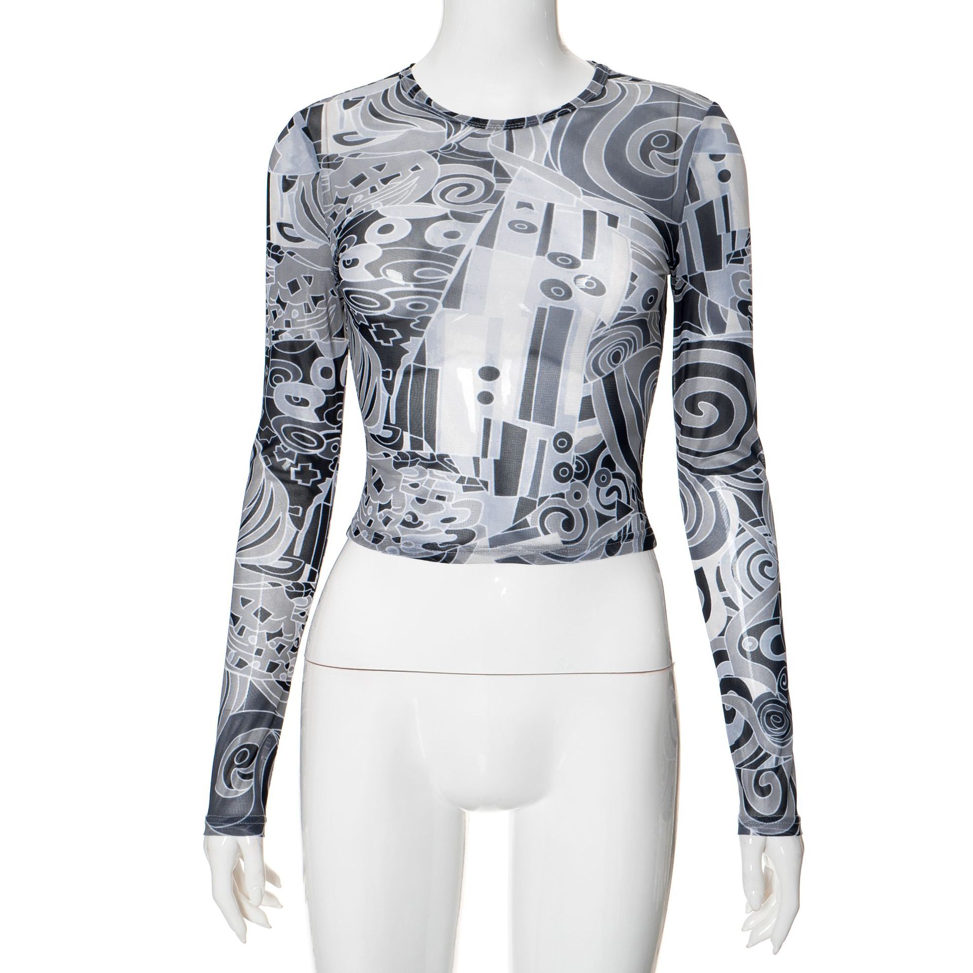 Women Summer Round Neck Long Sleeve Mesh Top and Shorts Casual Two-piece Set