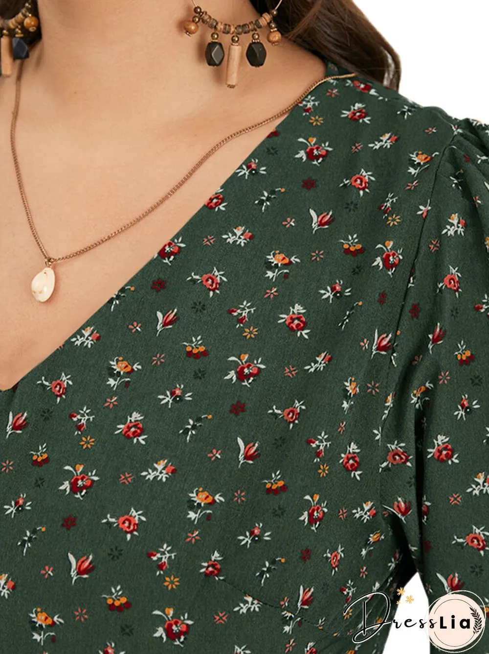 Floral Print Long Sleeves V-neck Casual Dress for Women