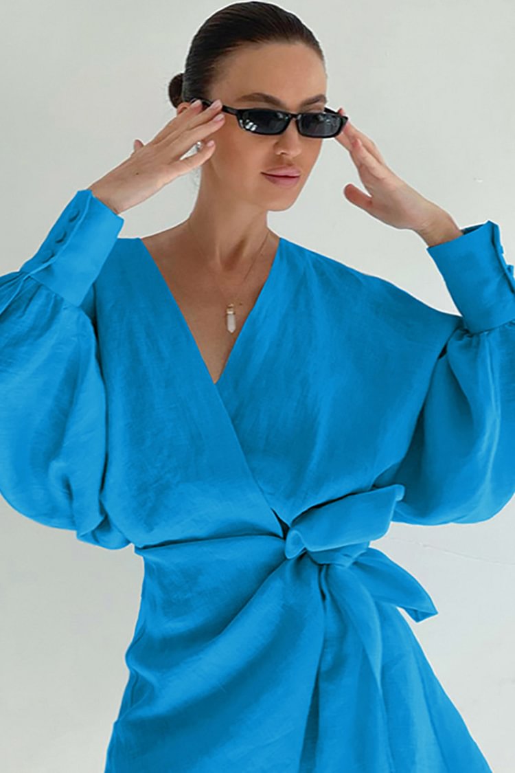Knotted Long Lantern Sleeve Irregular Mini Dresses