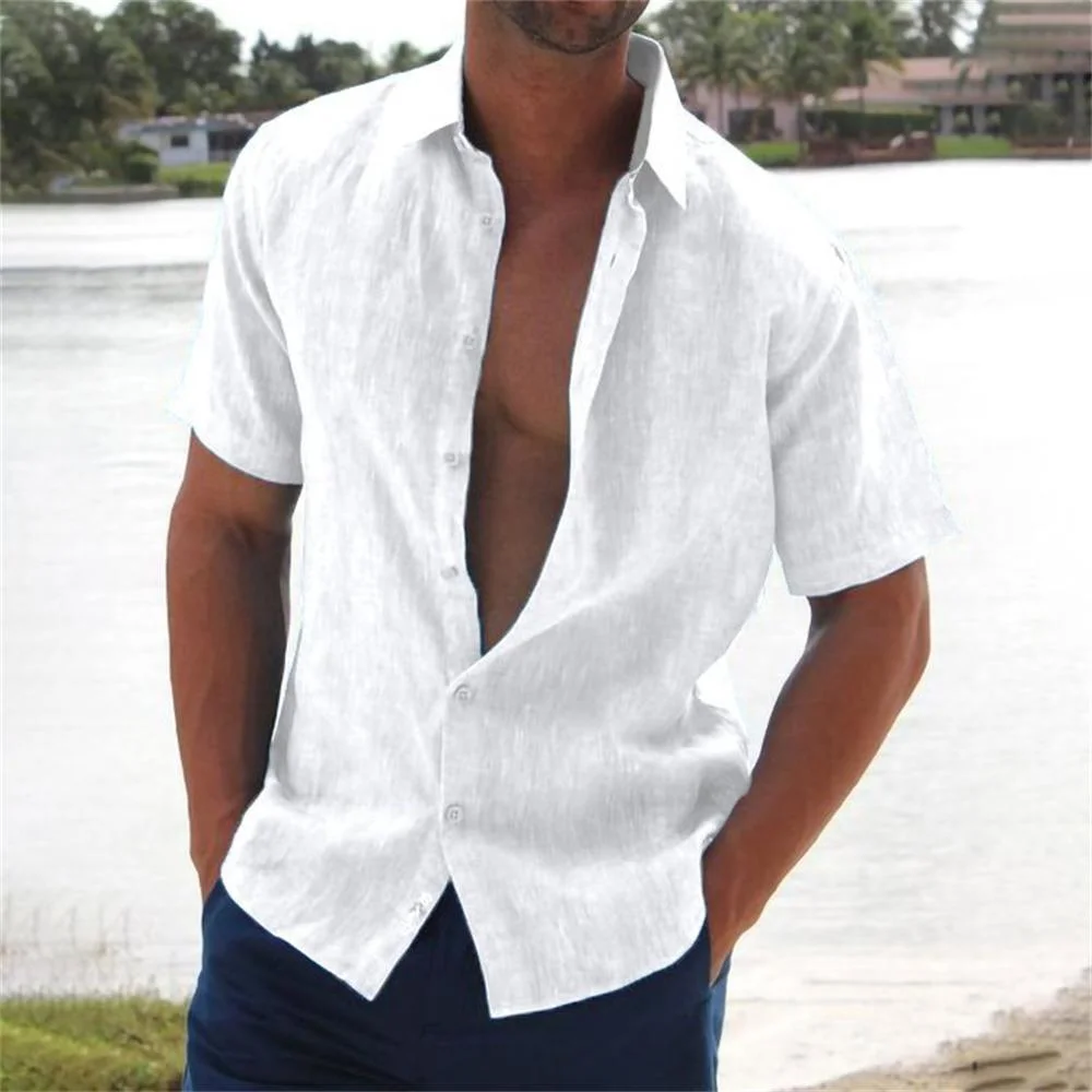 Smiledeer Summer Lapel Solid Color Short Sleeve Men's Linen Shirt